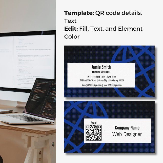 Professional Blue Web Designer Business Card (Professional Blue Web Designer Business Card, WWW symbol, QR code)