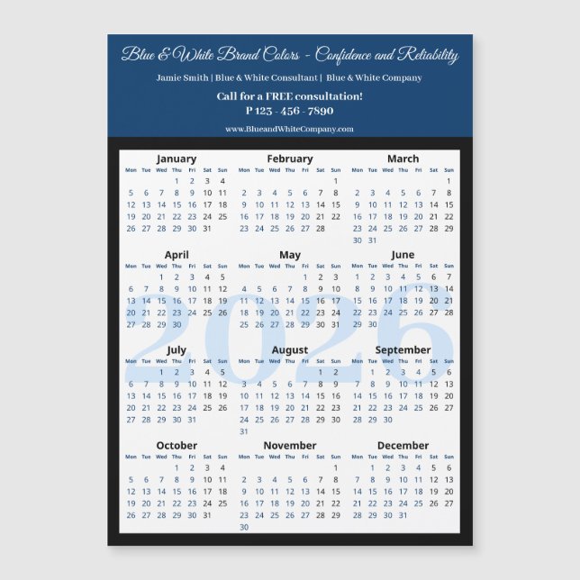 Professional Blue White Black 2026 Calendar Magnet (Front)