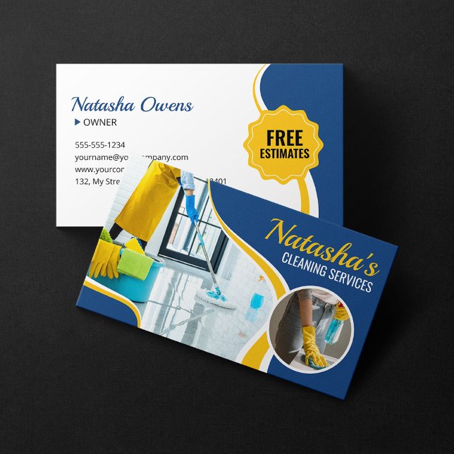 Professional Blue Yellow Cleaning Services Maid Business Card (Creator Uploaded)