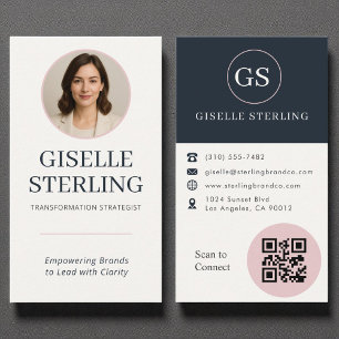 Professional Blush & Navy Photo QR Code Modern Business Card