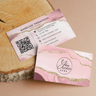 Professional Blush Pink Agate Company Logo QR Code Business Card