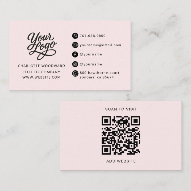 Professional Blush Pink Logo QR Code Business Card (Front/Back)