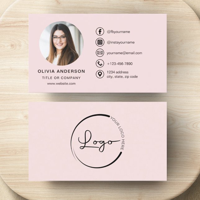 Professional Blush Pink Photo Logo Social Media Business Card (Creator Uploaded)