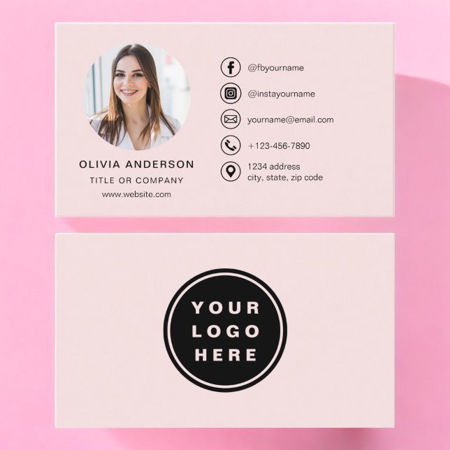 Professional Blush Pink Photo Logo Social Media Business Card (Creator Uploaded)