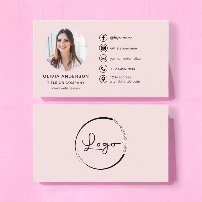 Professional Blush Pink Photo Logo Social Media Business Card (Creator Uploaded)