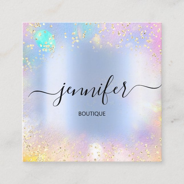 Professional Boutique Shop Blue Glitter Holograph Square Business Card (Front)