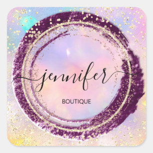 Professional Boutique Shop Glitter Holograph Gold Square Sticker