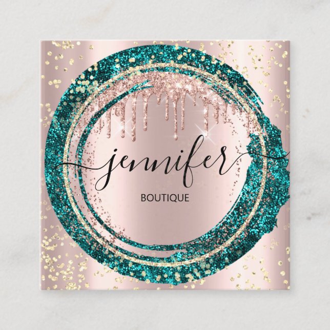 Professional Boutique Shop Glitter Pink Teal Square Business Card (Front)