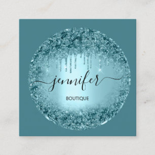 Professional Boutique Shop Glitter Rose Teal Blue  Square Business Card