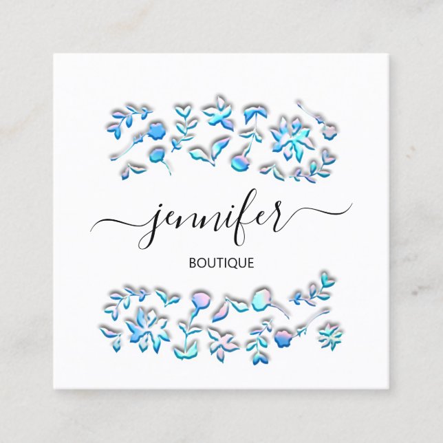 Professional Boutique Shop  Holographs Blue White Square Business Card (Front)
