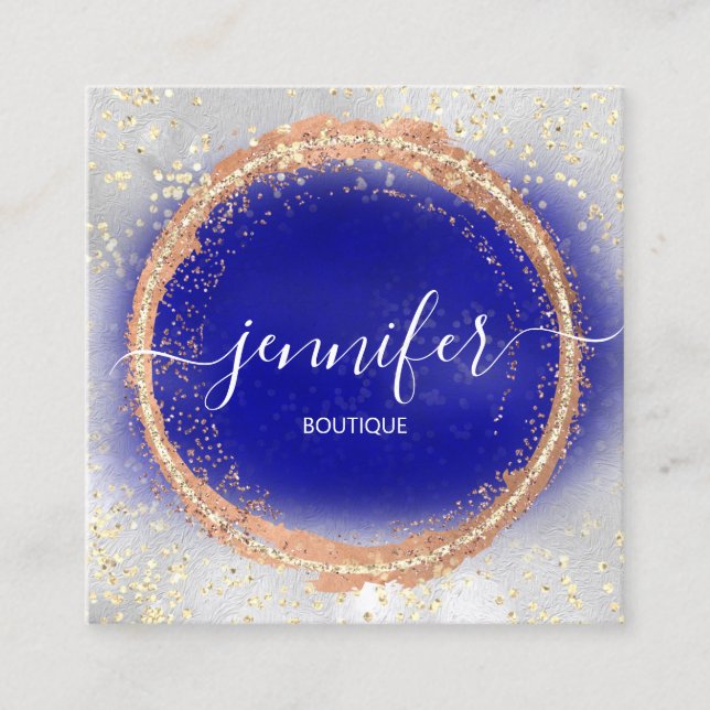 Professional Boutique Shop Royal Blue Gold Copper Square Business Card (Front)