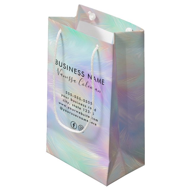 Professional Brand Minimal Script Iridescent Opal Small Gift Bag (Front Angled)