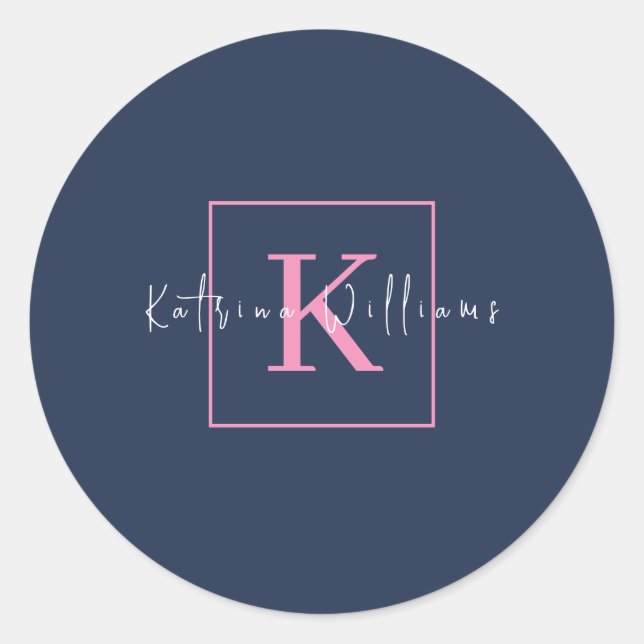 Professional Branding Logo Navy Blue Pink Monogram Classic Round Sticker (Front)