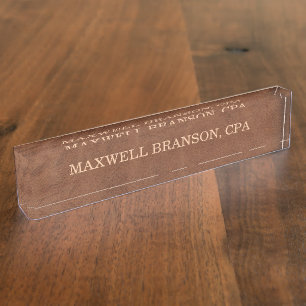 Professional Brown Leather Name Title One Line Nameplate