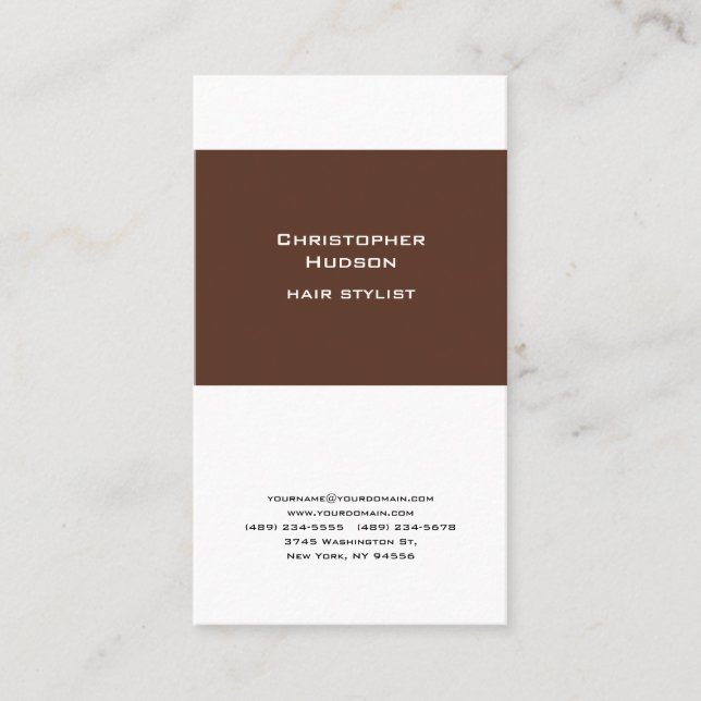 Professional Brown White Simple Plain Hair Stylist Business Card (Front)