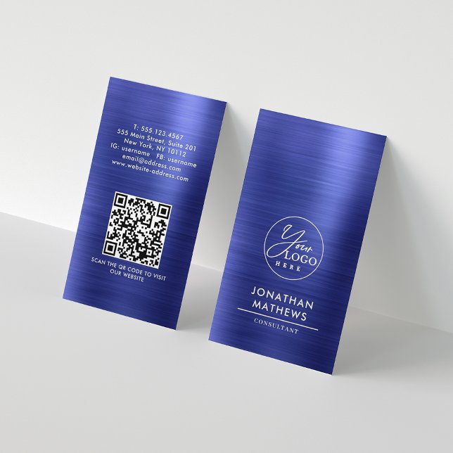 Professional Brushed Metallic Blue Logo QR Code Business Card (Creator Uploaded)