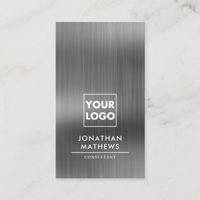 Professional Brushed Metallic Grey Logo QR Code Business Card (Front)