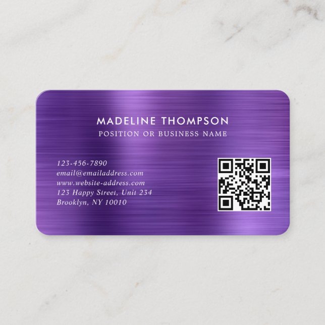 Professional Brushed Metallic Purple Logo QR Code Business Card (Front)