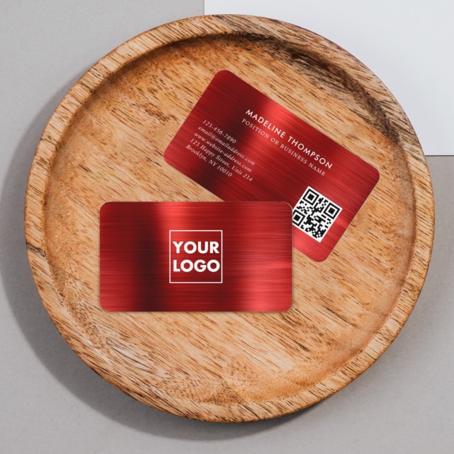 Professional Brushed Metallic Red Logo QR Code Business Card (Creator Uploaded)