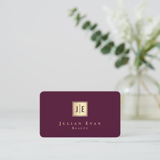 Professional Burgundy Wine & Gold Luxury Monogram Business Card (Standing Front)