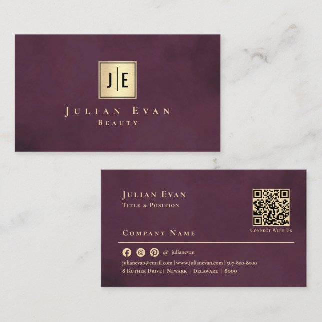 Professional Burgundy Wine & Gold Luxury Monogram Business Card (Front/Back)