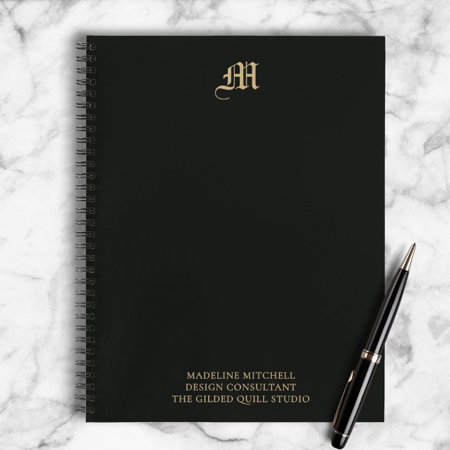 Professional Business Monogram Modern Black Gold Notebook (Add your name, business, and title for a polished look.)