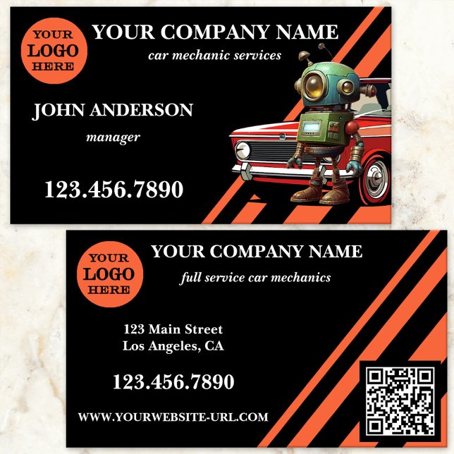 Professional Car Mechanic Services Business Card (Car mechanic repair business card showing an eye-catching design in black and orange - with QR code)