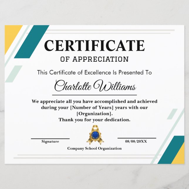 Professional Certificate of Appreciation Blue Gold (Front)