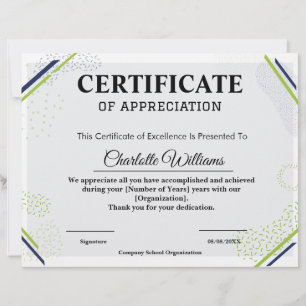 Professional Certificate of Appreciation Blue Gold Custom Letterhead