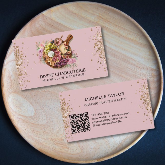 Professional Charcuterie Catering Grazing Board  Business Card (round grazing plate with floral background, watercolor drawing)
