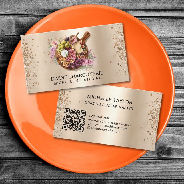 Professional Charcuterie Catering Grazing Board  Business Card (round wooden plate with food on the gold background)