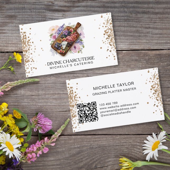 Professional Charcuterie Catering Grazing Board  Business Card (wooden plate board with food and flowers)