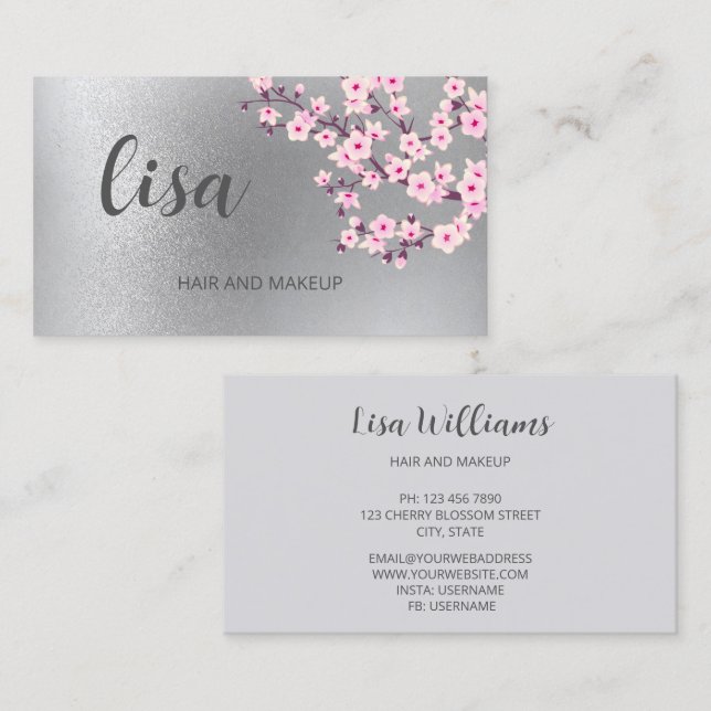 Professional Cherry Blossom Pink Silver Business C Card (Front/Back)