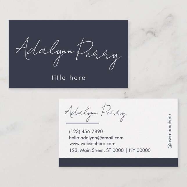 Professional Chic Bold Navy Elegant White Clean Business Card (Front/Back)