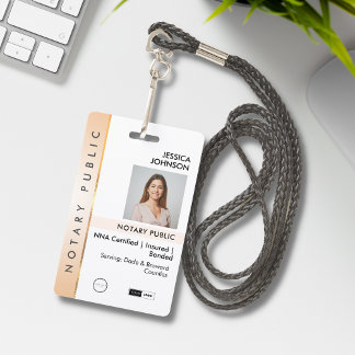 Professional Classy Peach & Gold Photo Notary   ID Badge