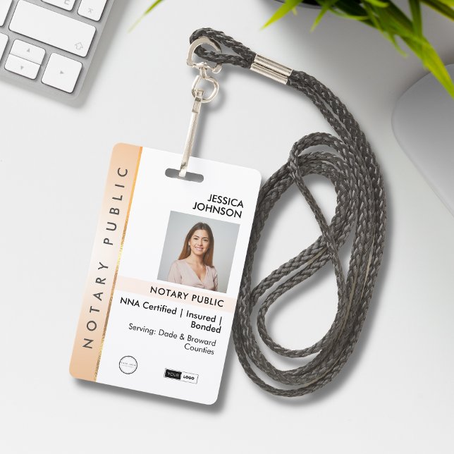 Professional Classy Peach & Gold Photo Notary   ID Badge (Creator Uploaded)