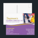 Professional Cleaning/Janitorial Housekeeping Postcard<br><div class="desc">Boost publicity with these professional postcards (template) for house cleaning, housekeeping or janitor (janitorial) small business. These postcards are designed with purple text and a gold (faux) glitter colour on the front side with purple text on the back. Customise the flyers by adding or removing elements to suit your company's...</div>