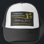 Professional Cleaning/Janitorial Housekeeping Serv Trucker Hat<br><div class="desc">Boost publicity with these double sided professional trucker hats (template) for house cleaning,  housekeeping or janitor (janitorial) small business.  These hats are designed with white and gold text and a gold (faux) glitter colour. Customise the hats by adding or removing elements to suit your company's brand.</div>