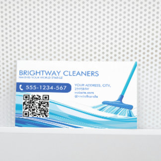  Professional Cleaning Services Blue Broom QR Code Business Card