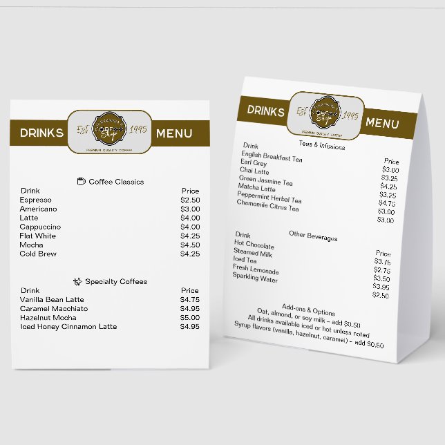 Professional Coffee Shop Personalised Drinks Menu (Front/Back)