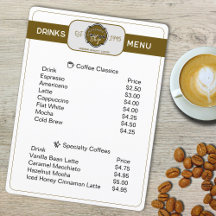 Professional Coffee Shop Personalised  Drinks Menu