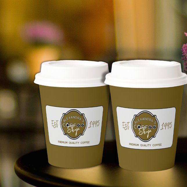 Professional Coffee Shop Personalised Logo Paper Cups (Coffee shop paper cups on a table.)