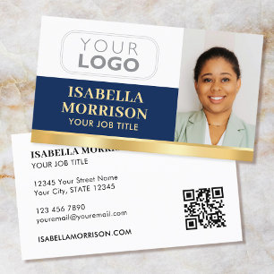 Professional Company Logo QR Navy Gold Business Card