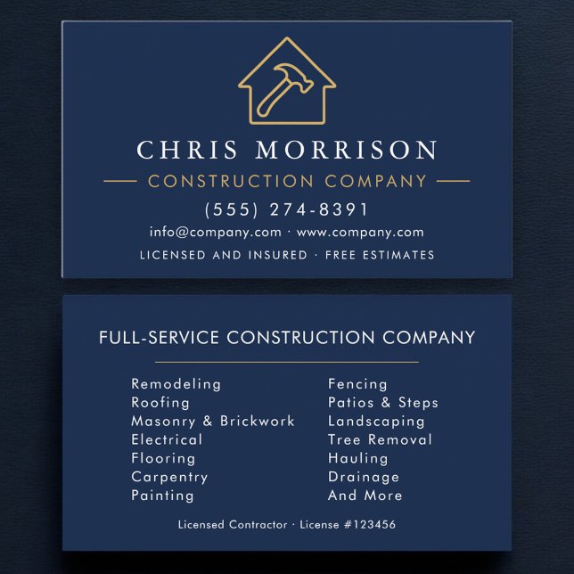 Professional Construction Company Navy Blue Business Card (Creator Uploaded)