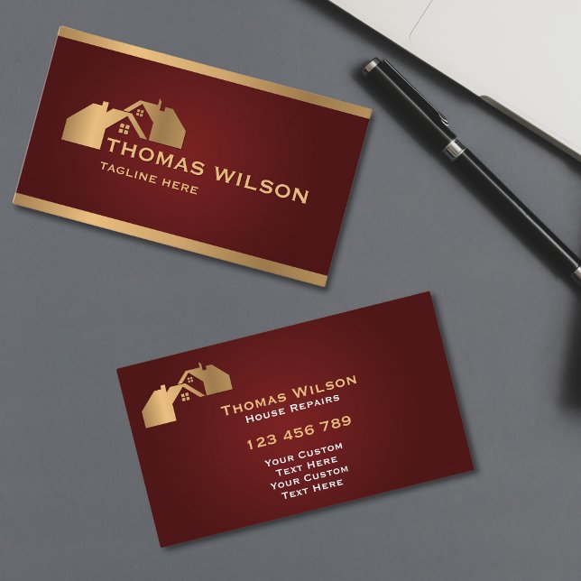Professional Construction Handyman Carpenter Roof Business Card (modern carpenter handyman business cards with burgundy background and gold rooftops)
