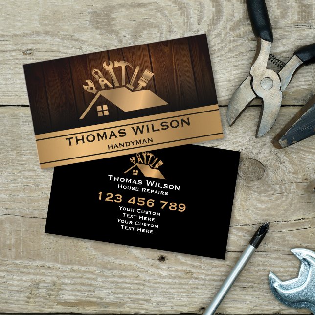 Professional Construction Handyman Carpenter Wood Business Card (gold roof with carpenter handyman tools on the wood background)