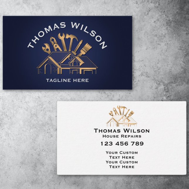 Professional Construction Handyman Repair Tools Business Card (repair logo gold on navy, tools and roof)