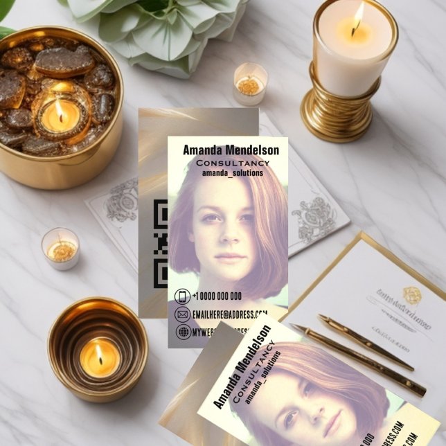 Professional contemporary photo overlay business card (Photo QR code contact icons contemporary professional business card)