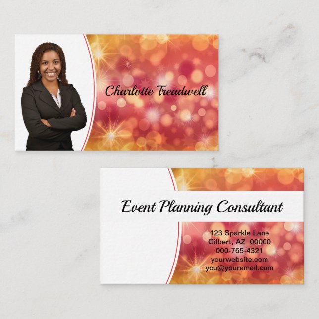 Professional Coral Bokeh Sparkle Custom Photo Business Card (Front/Back)
