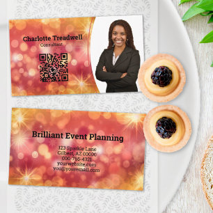 Professional Coral Bokeh Sparkle Custom Photo QR Business Card